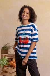 Model Genericm wearing size sample of the Cherry Cotton Tee – Chinablue in colour Chinablue, in a cropped view