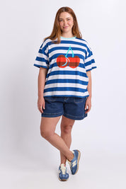 Model Genericm wearing size sample of the Cherry Cotton Tee – Chinablue in colour Chinablue, from the front