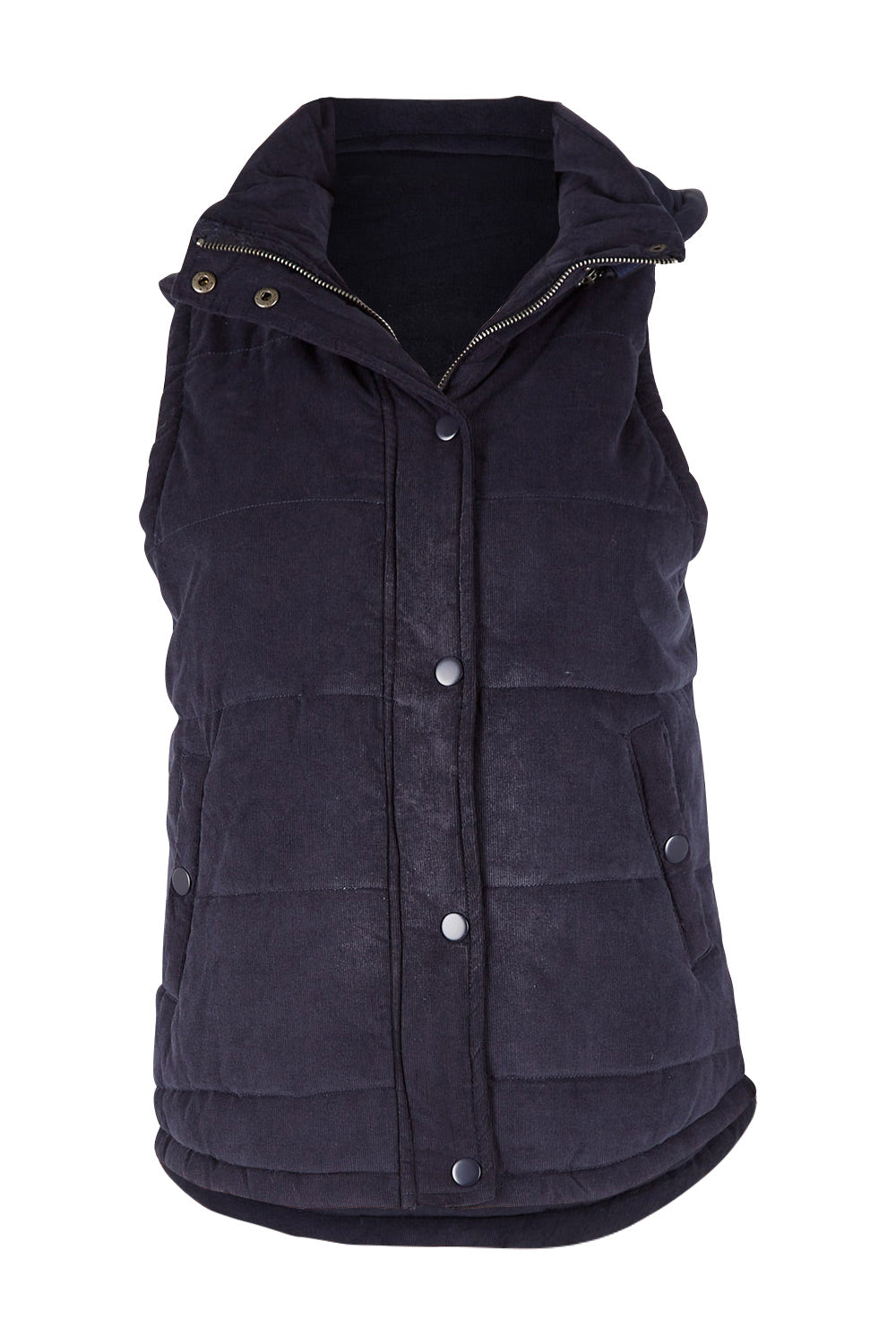 Product shot of the Cord Puffer Vest in colour Dsapphire (Blue), from the front