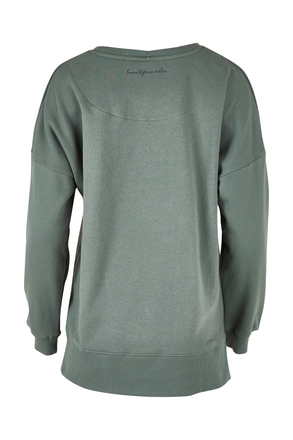 Product shot of the Laura Wombat Crew in colour Seapine (Green), from the back