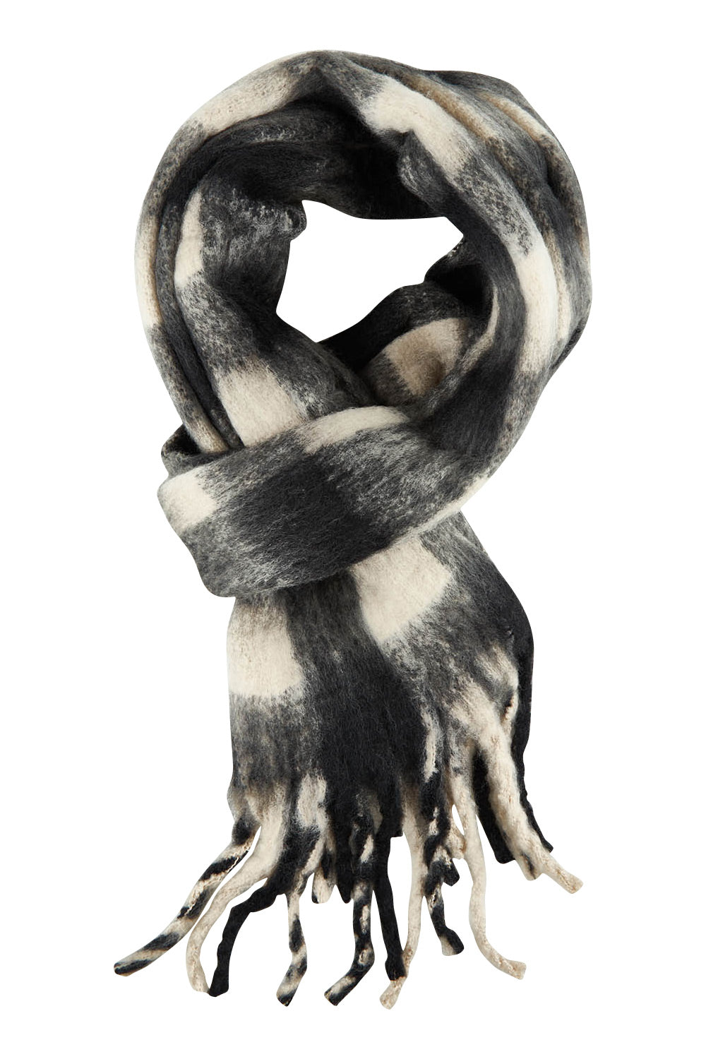 Product shot of the Beth Scarf in colour Check (Black), from the front