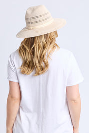 A model wearing the Tropic Foldable Hat in colour Birch, from the back