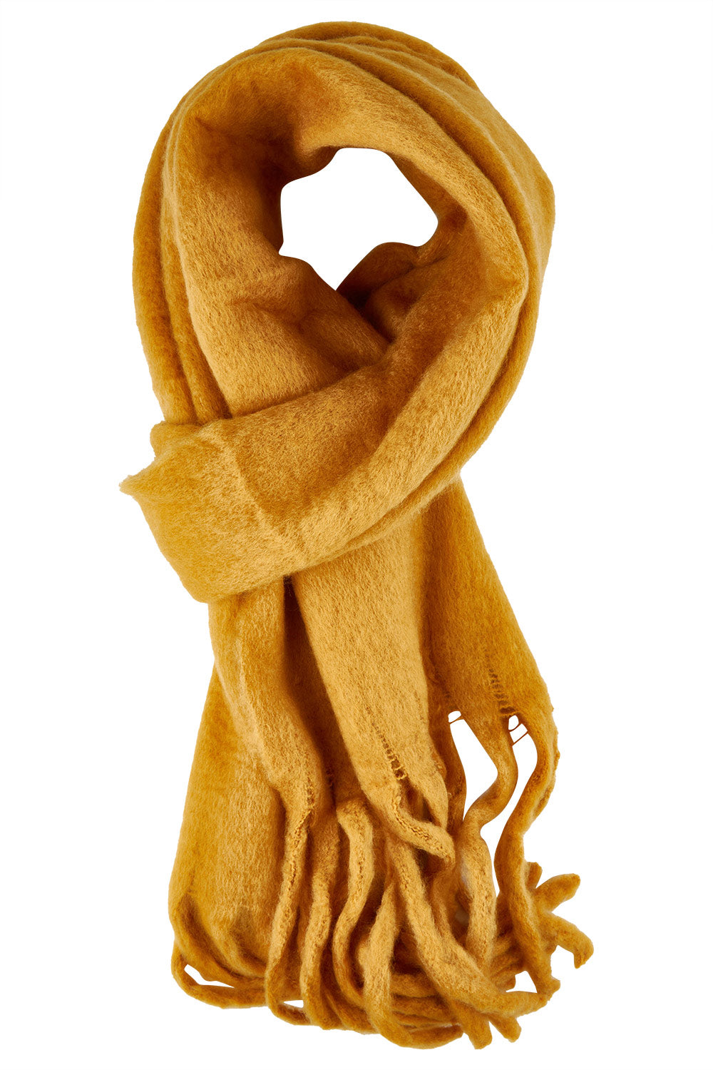 Product shot of the Cosy Scarf in colour Mustard, from the front