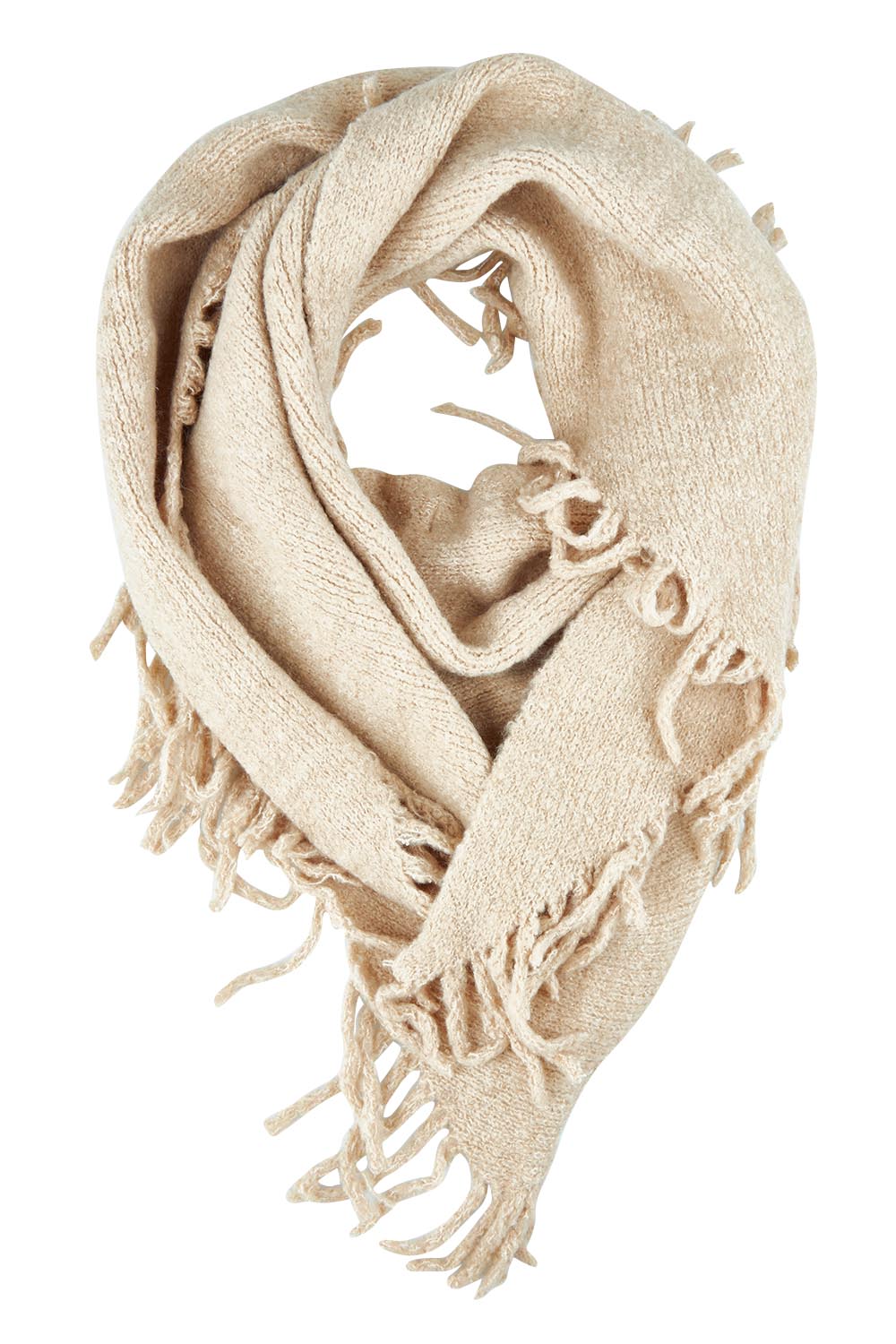 Product shot of the Fringed Triangle Scarf in colour Oatmeal, from the front
