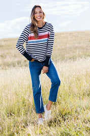 Model Amanda wearing size 10 of the Ada Straight Leg Jean in colour Denim (Blue), from the front, showing the whole outfit