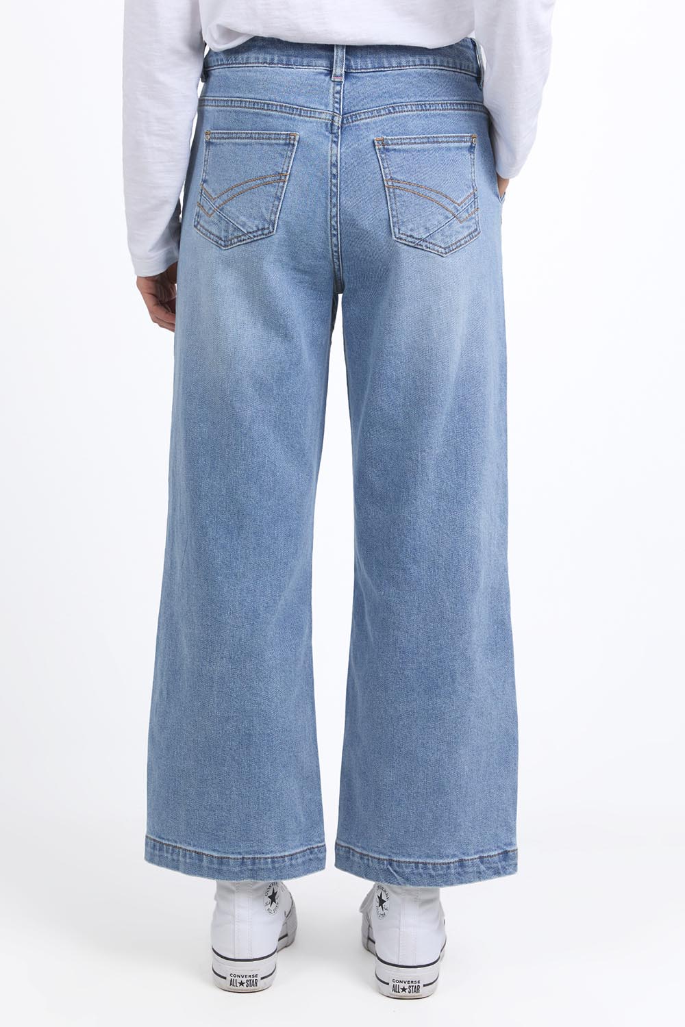 A model wearing the Izzy Wide Leg Jean in colour Lightblue (Blue), from the back