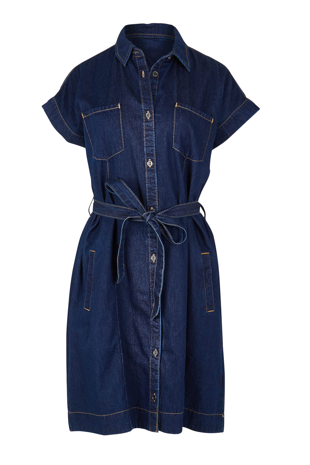 Product shot of the Everleigh Denim Dress in colour Drkwash (Blue), from the front