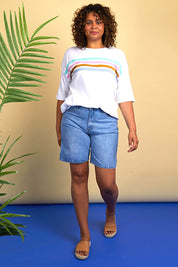 A model wearing the Eden Denim Shorts in colour Denim (Blue), from the front, showing the whole outfit