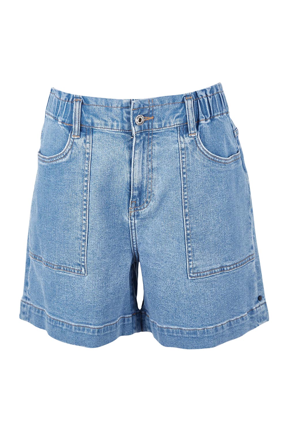 Product shot of the Atlas Denim Shorts in colour Midblue (Blue), from the front