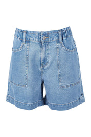 Product shot of the Atlas Denim Shorts in colour Midblue (Blue), from the front