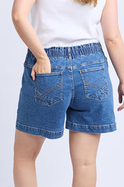 A model wearing the Fundamental Atlas Denim Short in colour Darkblue (Blue), from the back
