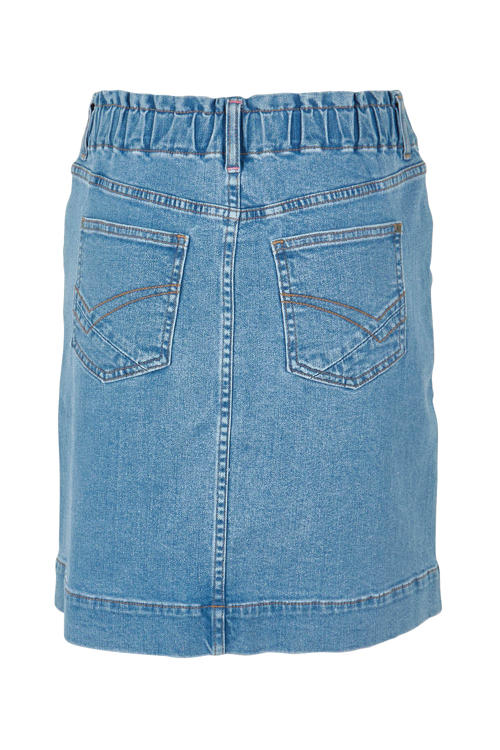 Product shot of the Atlas Denim Skirt in colour Midblue (Blue), from the back