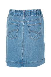 Product shot of the Atlas Denim Skirt in colour Midblue (Blue), from the back