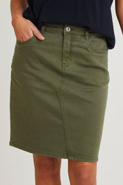 Model Madeline wearing size 10 of the Belle Denim Skirt in colour Washekhaki (Green), from the front, cropped image
