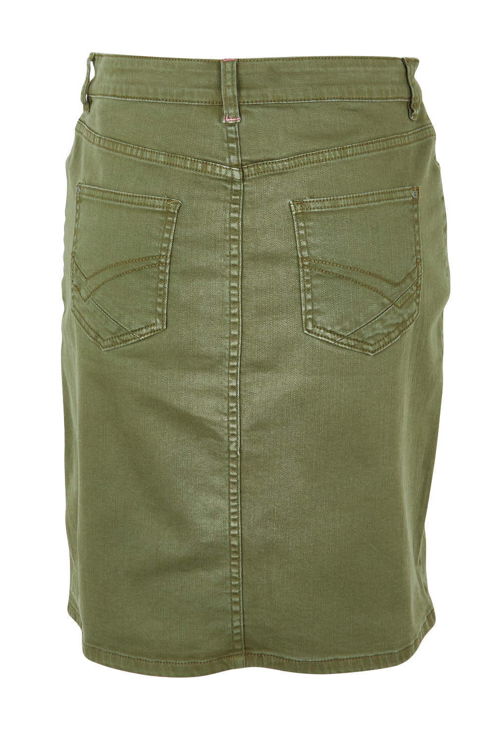 Product shot of the Belle Denim Skirt in colour Washekhaki (Green), from the back