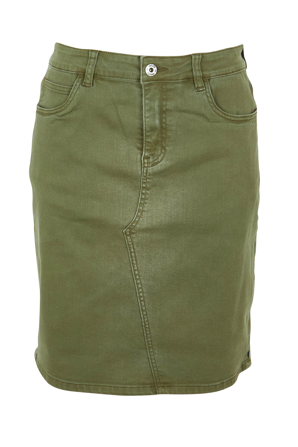 Product shot of the Belle Denim Skirt in colour Washekhaki (Green), from the front