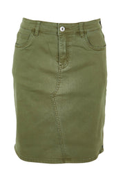 Product shot of the Belle Denim Skirt in colour Washekhaki (Green), from the front
