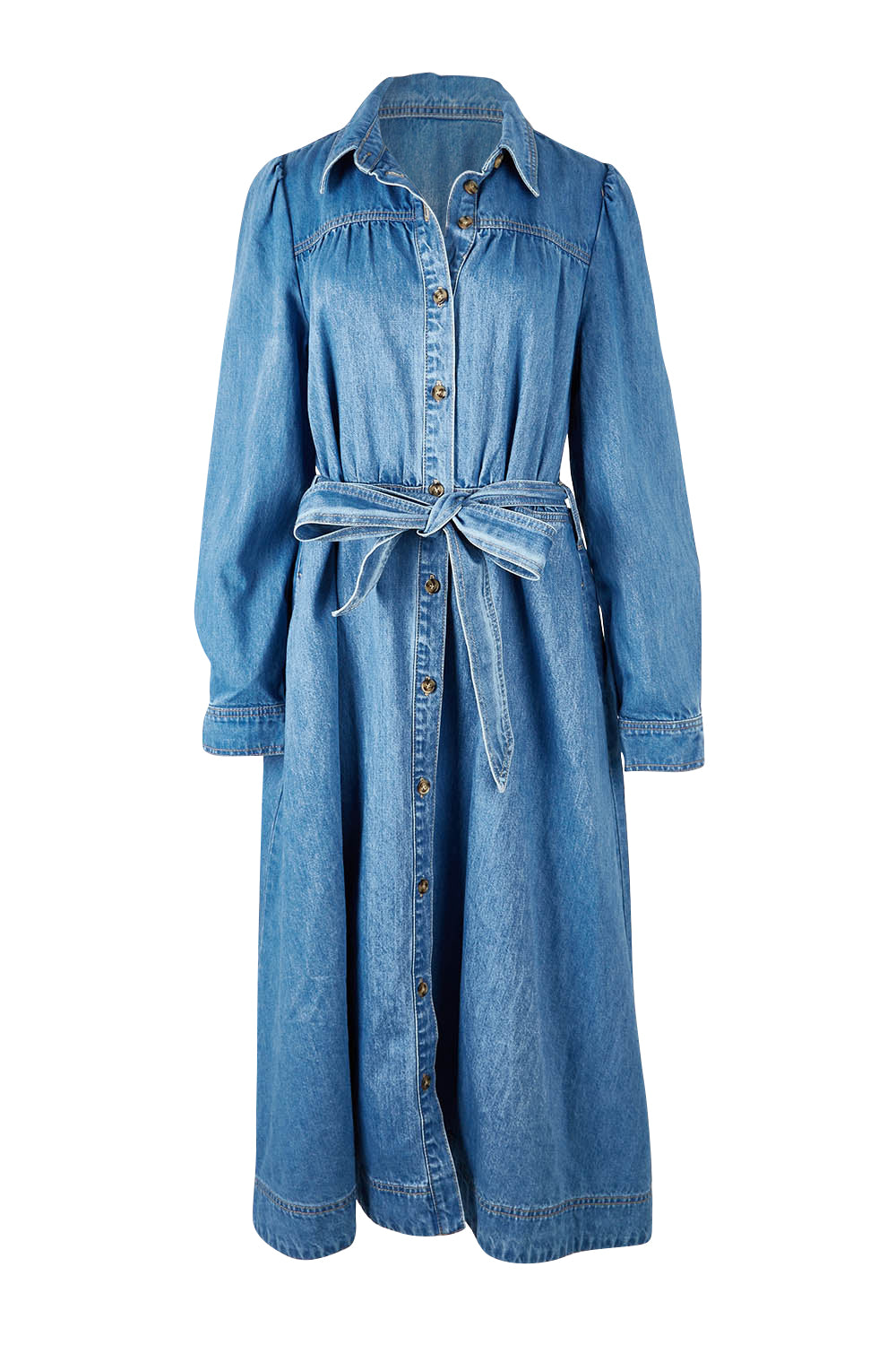 Product shot of the Lucinda Denim Shirt Dress in colour Denim (Blue), from the front
