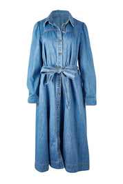 Product shot of the Lucinda Denim Shirt Dress in colour Denim (Blue), from the front