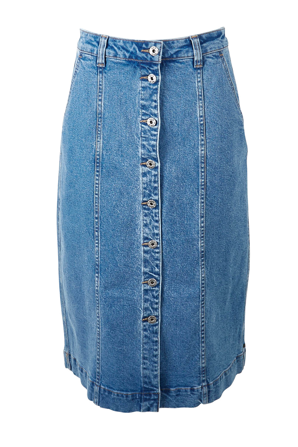 Product shot of the Florence Button Through Skirt in colour Midblue (Blue), from the front