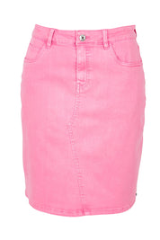 Product shot of the Belle Denim Skirt in colour Strawberry (Pink), from the front