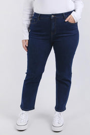 A model wearing the Ada Straight Leg Jean in colour Darkblue (Blue), from the front, cropped image