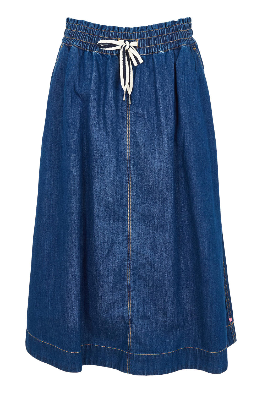 Product shot of the Fundamental Greta Denim Skirt in colour Darkblue (Blue), from the front