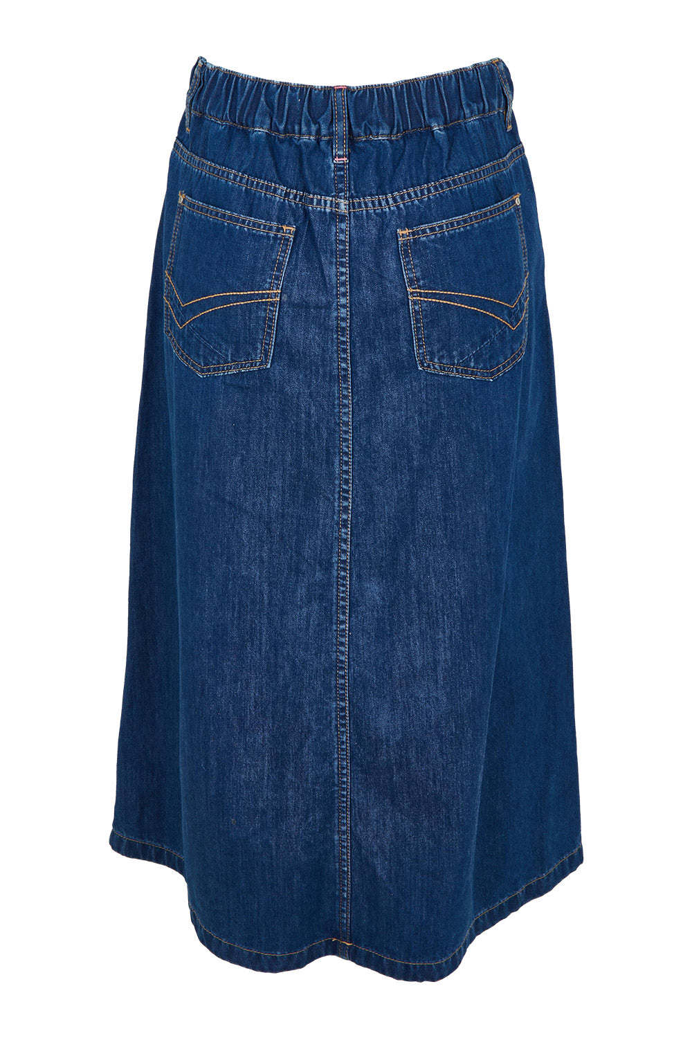 Product shot of the Scallop Edge Denim Skirt in colour Midblue (Blue), from the back