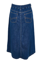 Product shot of the Scallop Edge Denim Skirt in colour Midblue (Blue), from the back