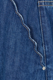 Product shot of the Scallop Edge Denim Skirt in colour Midblue (Blue), detail