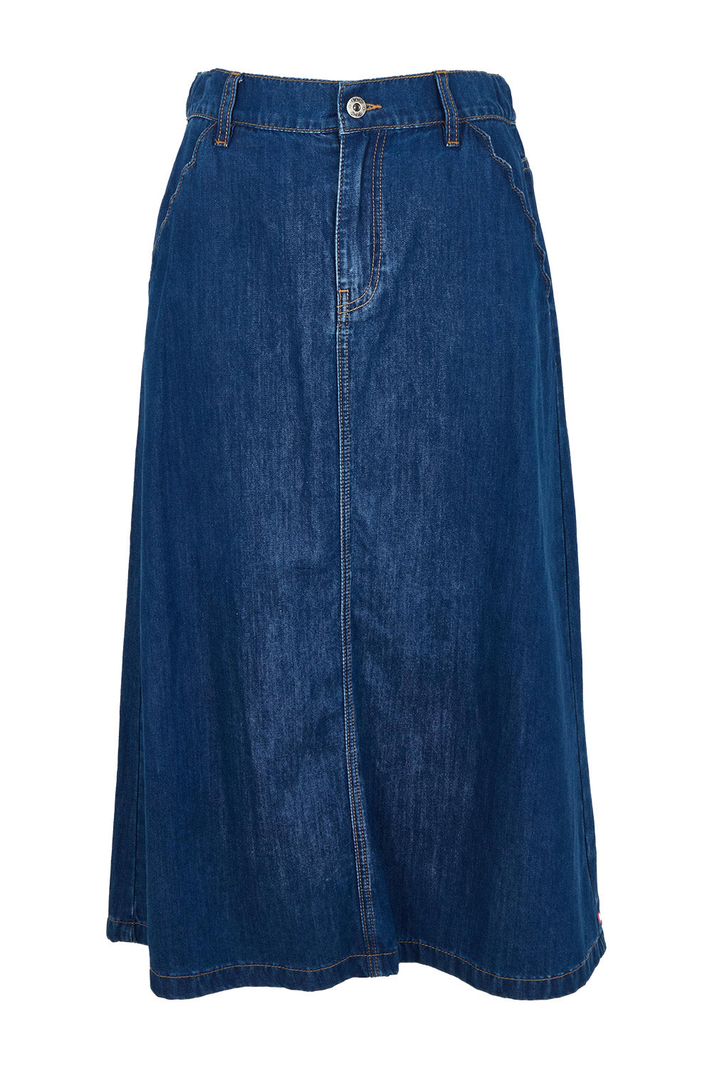 Product shot of the Scallop Edge Denim Skirt in colour Midblue (Blue), from the front