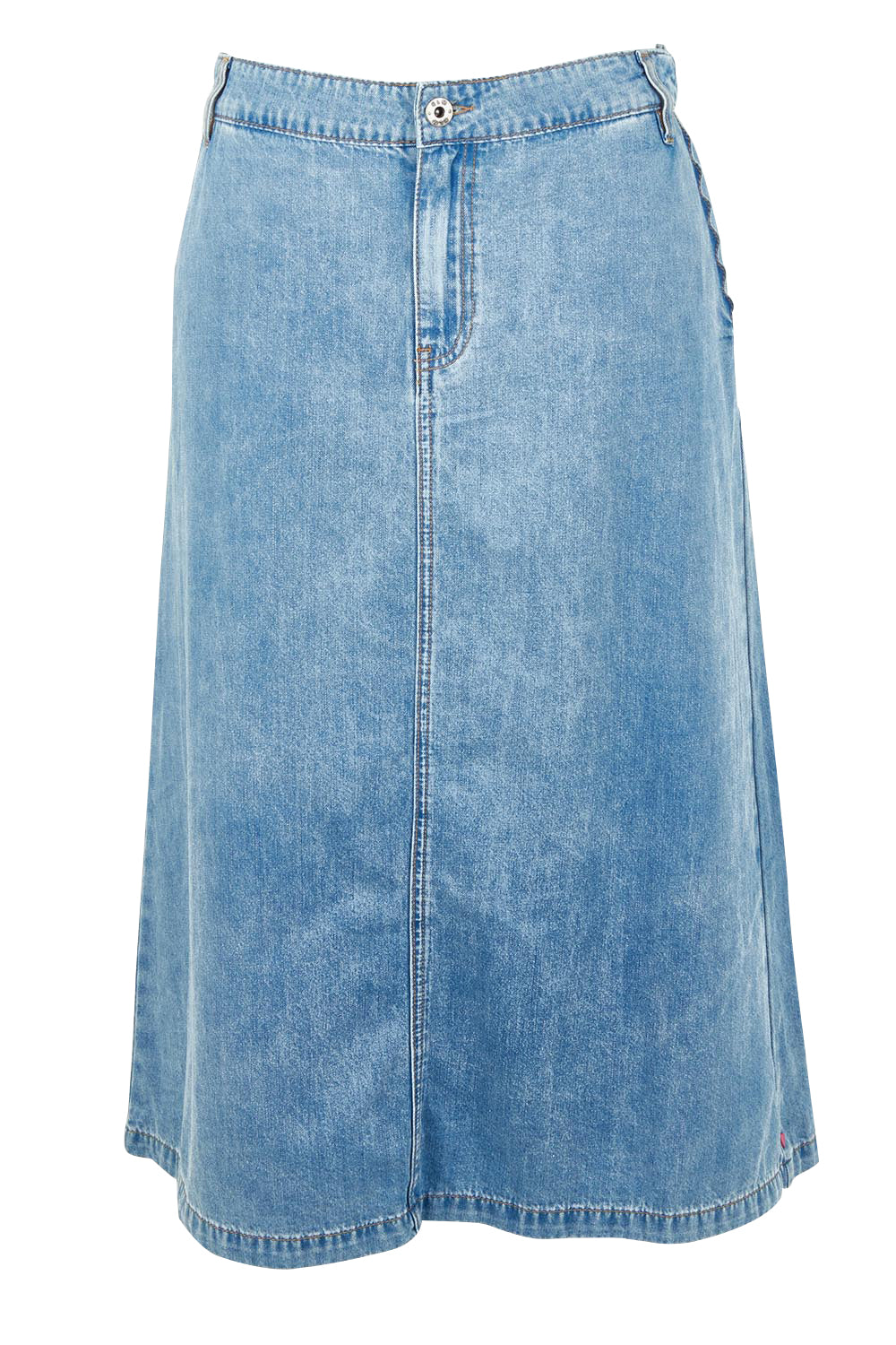 Product shot of the Scallop Edge Denim Skirt in colour Lightblue (Blue), from the front