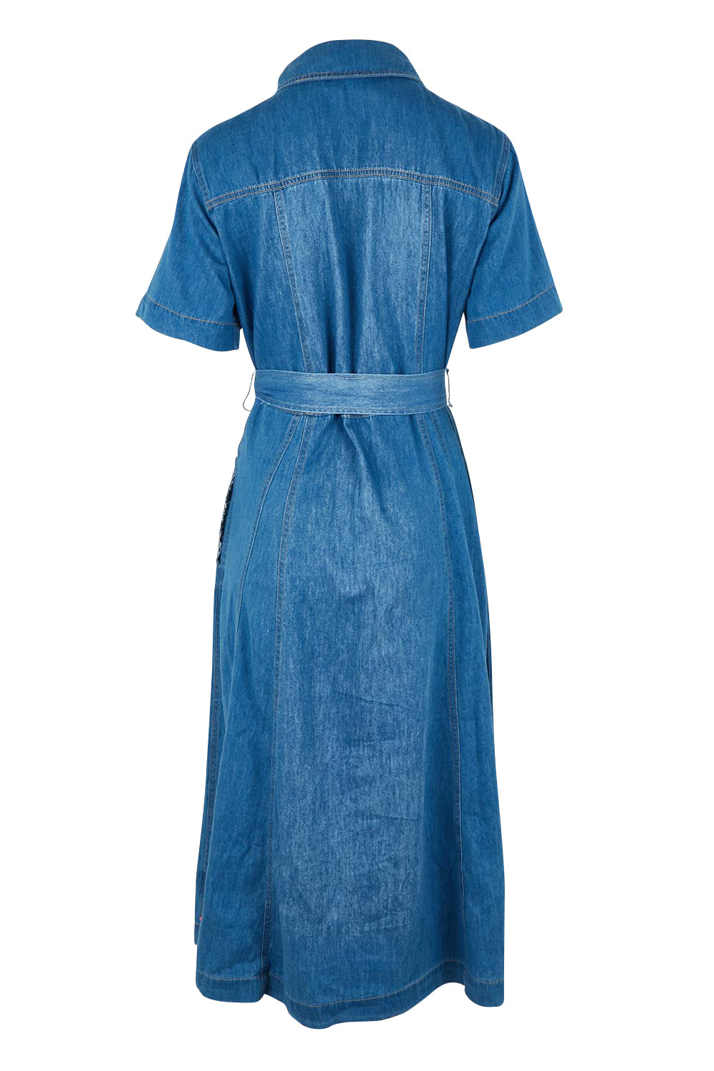 Product shot of the River Denim Dress in colour Midblue (Blue), from the back