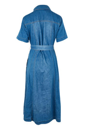 Product shot of the River Denim Dress in colour Midblue (Blue), from the back