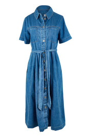 Product shot of the River Denim Dress in colour Midblue (Blue), from the front