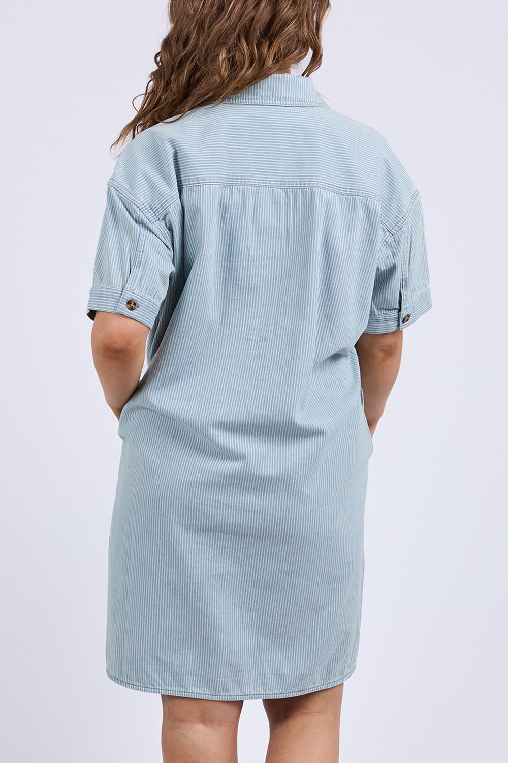 A model wearing the Jenna Stripe Denim Dress in colour Bluewhite (Blue), from the back