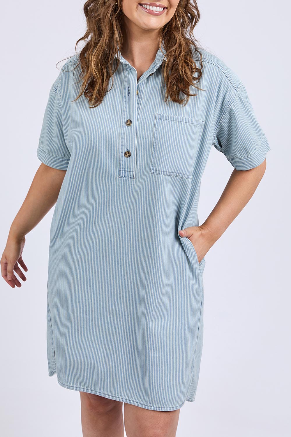 A model wearing the Jenna Stripe Denim Dress in colour Bluewhite (Blue), from the front, cropped image