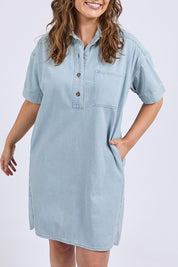A model wearing the Jenna Stripe Denim Dress in colour Bluewhite (Blue), from the front, cropped image
