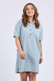 A model wearing the Jenna Stripe Denim Dress in colour Bluewhite (Blue), from the front, cropped image