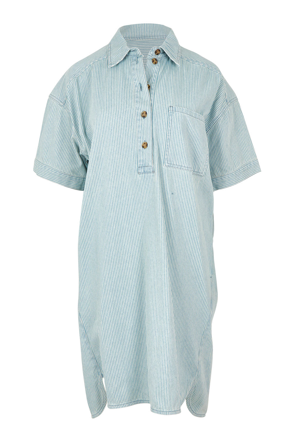 Product shot of the Jenna Stripe Denim Dress in colour Bluewhite (Blue), from the front