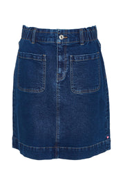 Product shot of the Lennox Denim Skirt in colour Drkblue (Blue), from the front