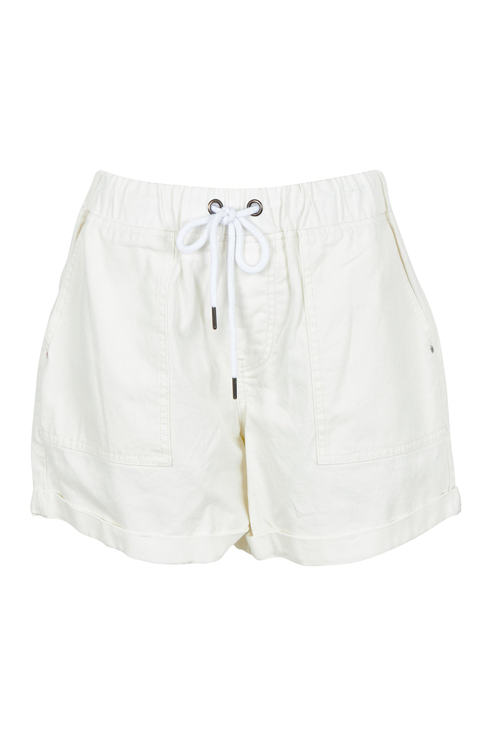 Product shot of the Fundamental Emma Relaxed Denim Short in colour Vinwhite (White), from the front