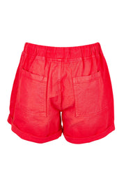 Product shot of the Emma Relaxed DenimShort in colour Poppy (Red), from the back