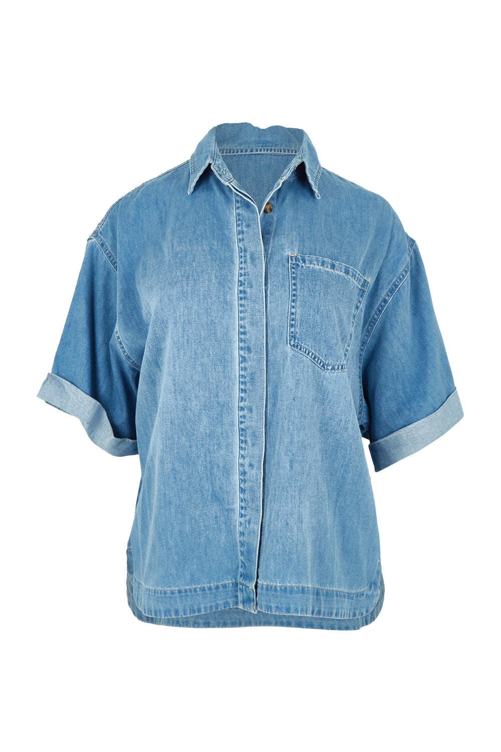 Product shot of the Annika Ss Denim Shirt in colour Midblue (Blue), from the front