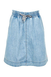 Product shot of the Paisley Denim Skirt in colour Lightblue (Blue), from the front