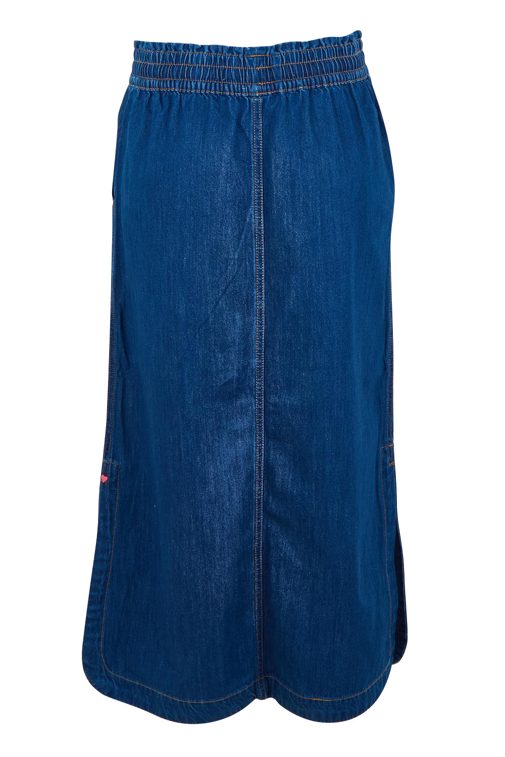 Product shot of the Clover Midi Denim Skirt in colour Midblue (Blue), from the back