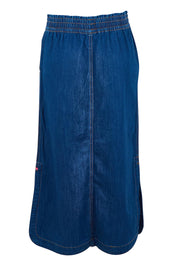 Product shot of the Clover Midi Denim Skirt in colour Midblue (Blue), from the back