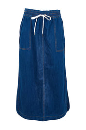 Product shot of the Clover Midi Denim Skirt in colour Midblue (Blue), from the front