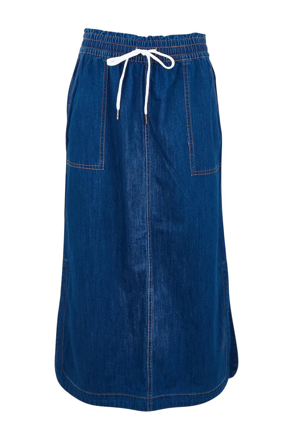Product shot of the Clover Midi Denim Skirt in colour Midblue (Blue), from the front