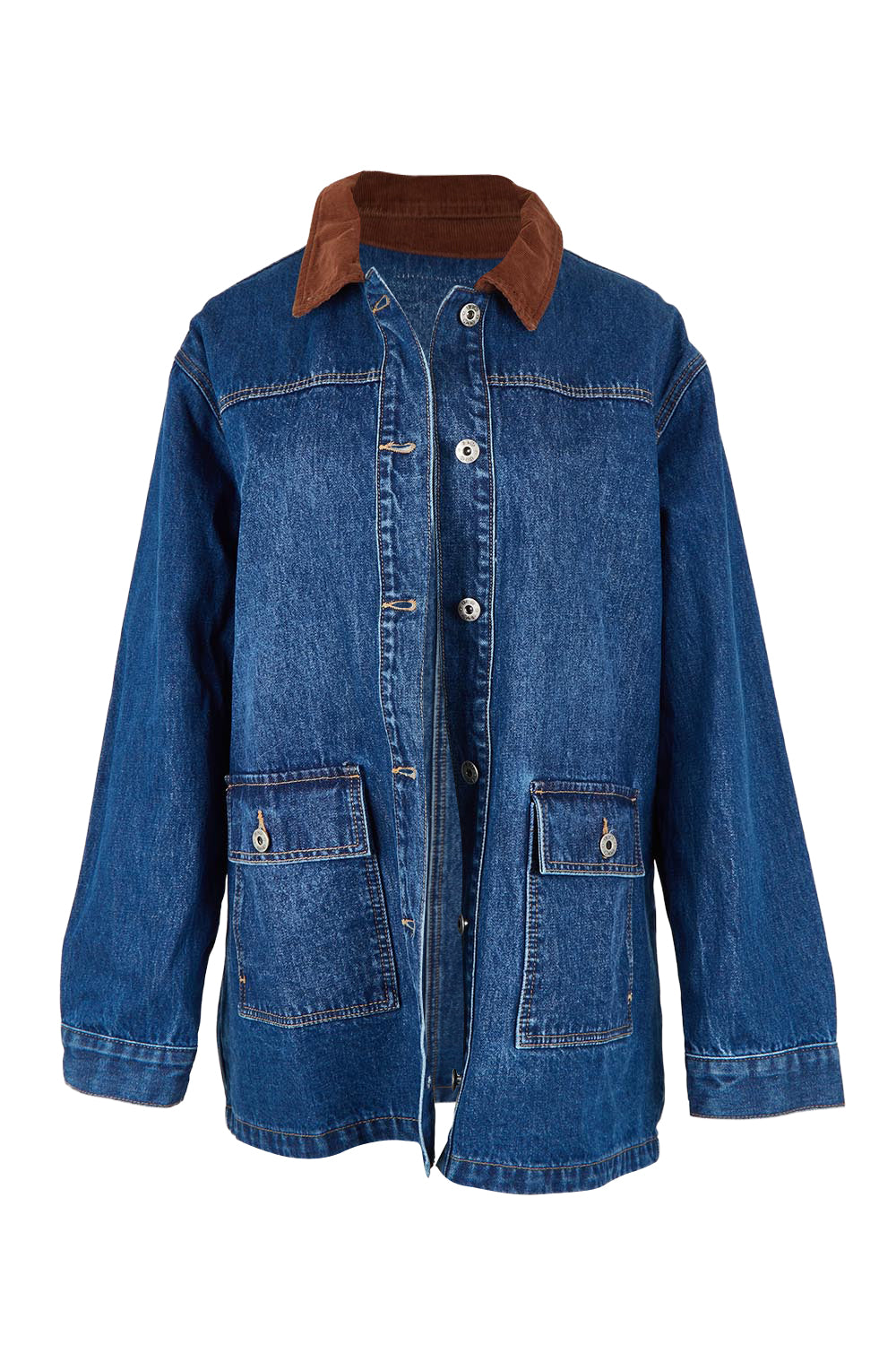 Product shot of the Lilian Denim Barn Jacket in colour Midblue (Blue), from the front